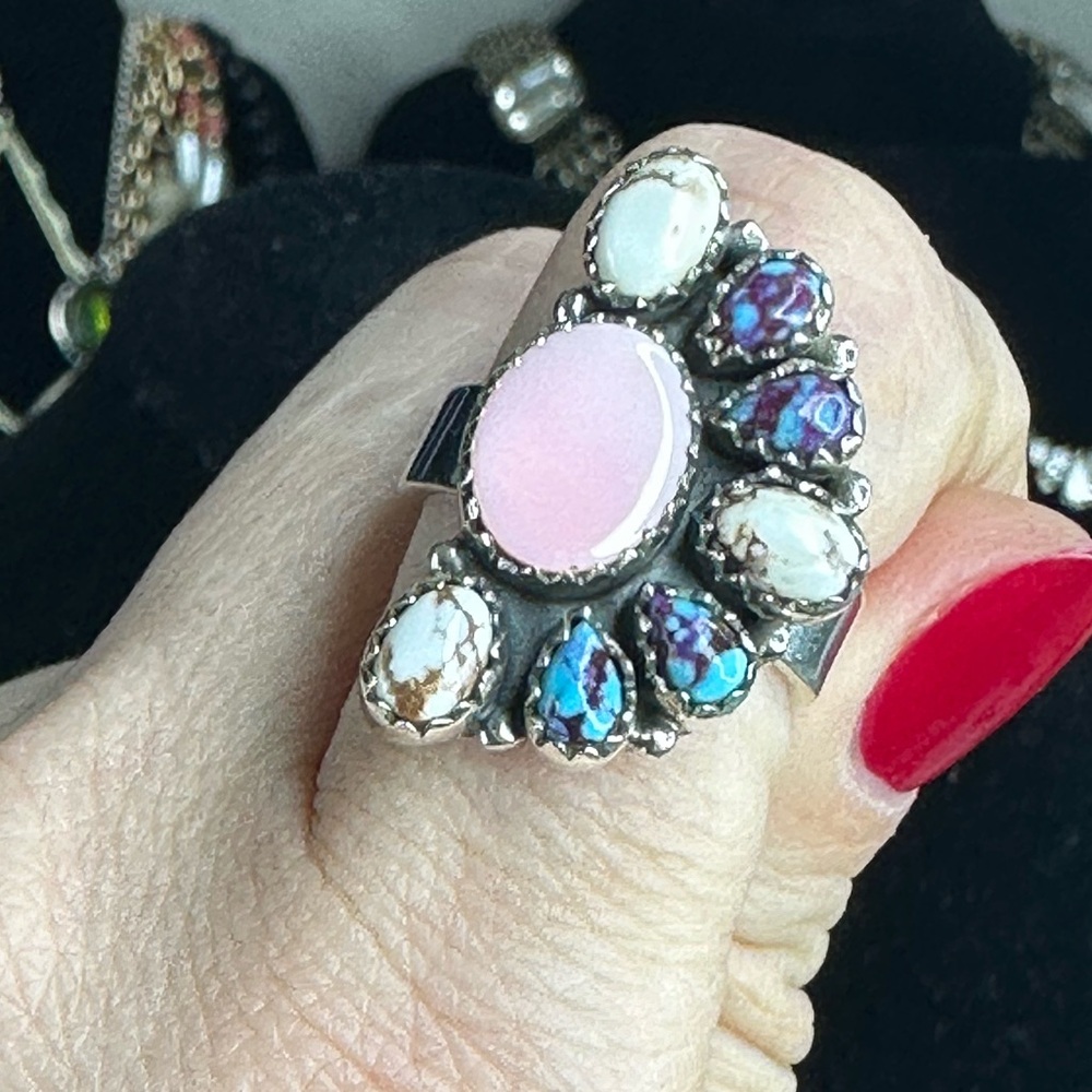 Sterling Silver Pink Conch & Composite gemstones half flower Ring Sz 6.5 adj - Picture 4 of 14